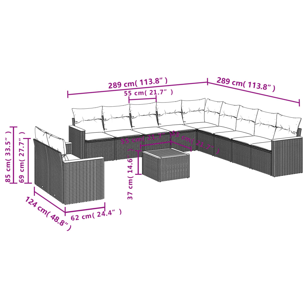 12 pcs conjunto de sofás p/ jardim com almofadões vime PE bege - Image 2