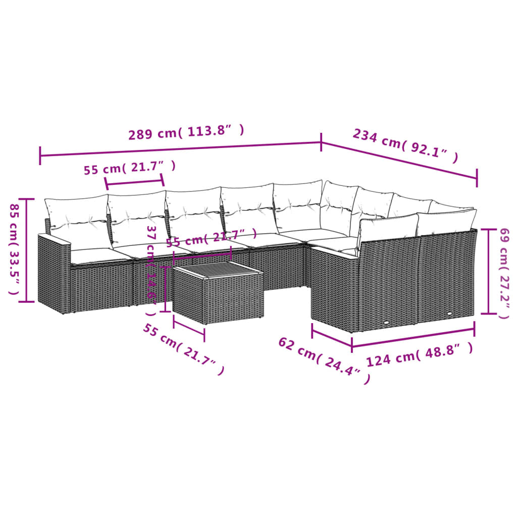 10 pcs conjunto de sofás p/ jardim com almofadões vime PE bege - Image 2