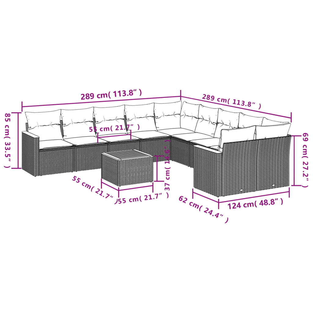 11 pcs conjunto sofás de jardim c/ almofadões vime PE bege - Image 2
