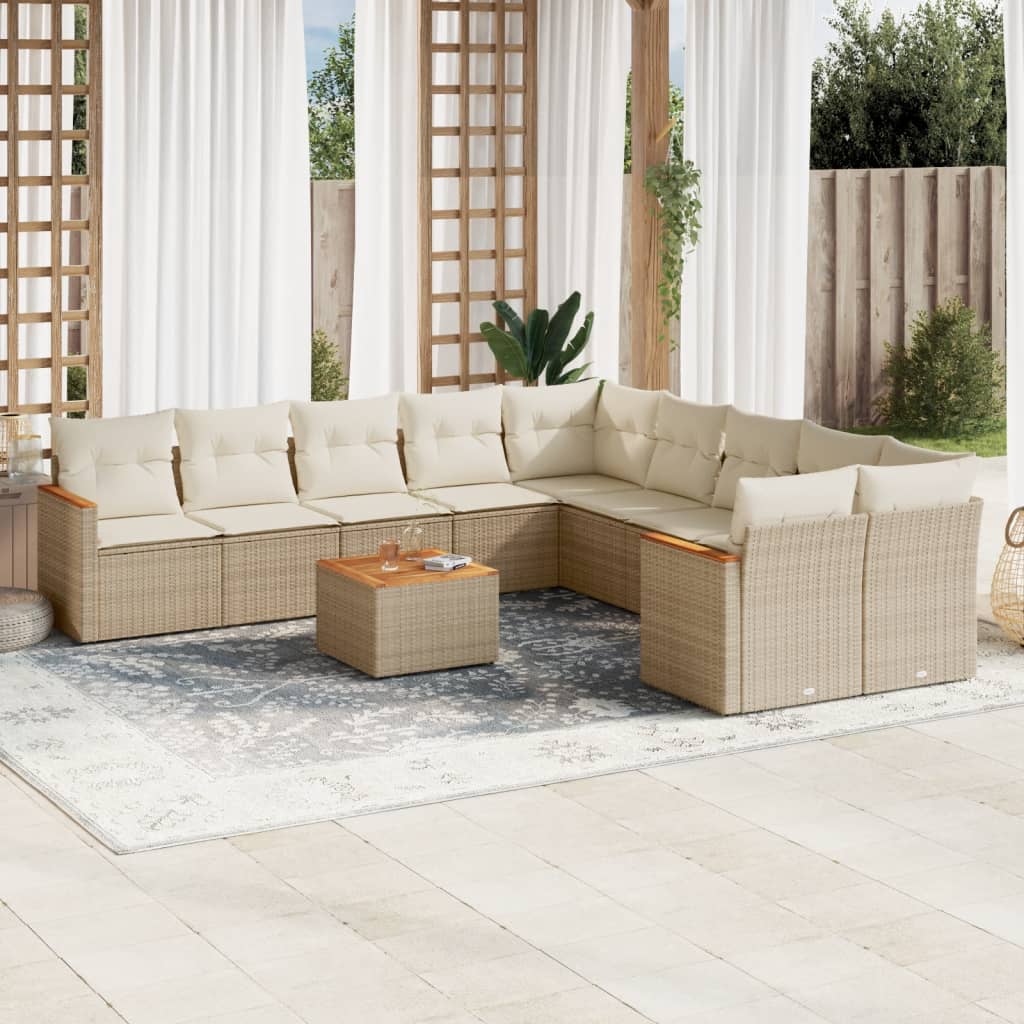 11 pcs conjunto sofás de jardim c/ almofadões vime PE bege