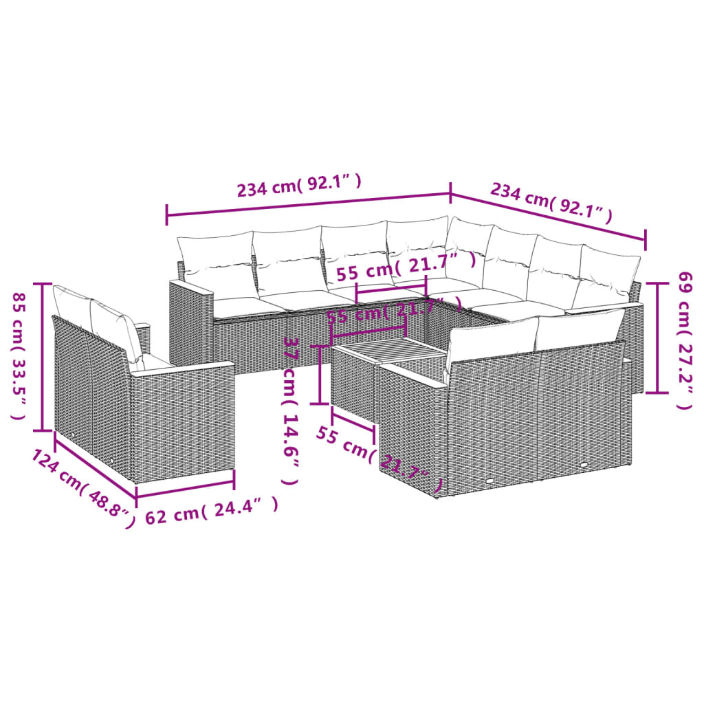 12 pcs conjunto de sofás p/ jardim com almofadões vime PE bege - Image 2