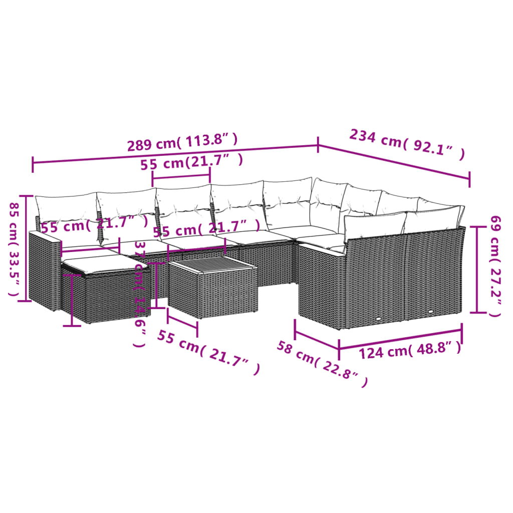 11 pcs conjunto sofás de jardim c/ almofadões vime PE bege - Image 2