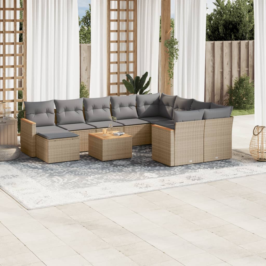 11 pcs conjunto sofás de jardim c/ almofadões vime PE bege