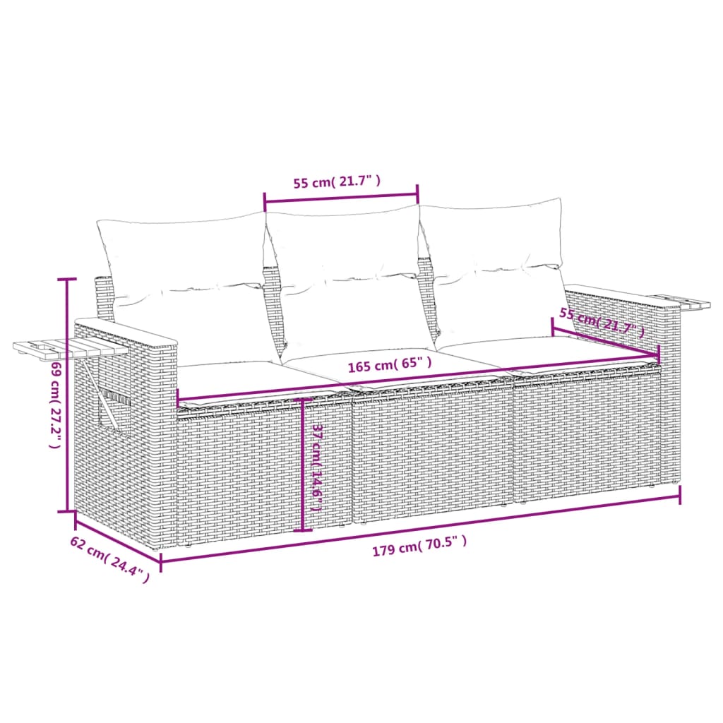3 pcs conjunto de sofás p/ jardim com almofadões vime PE bege - Image 2