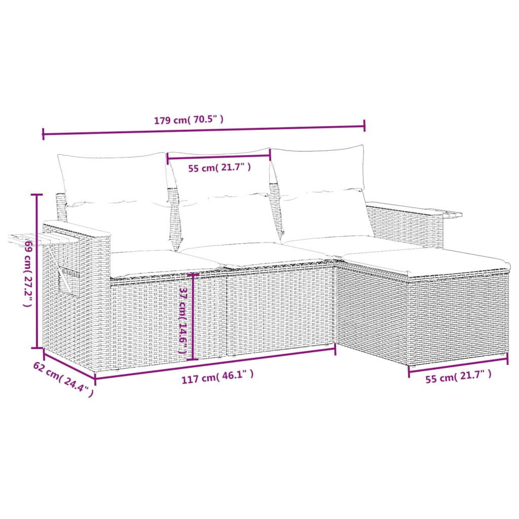 4 pcs conjunto de sofás para jardim c/ almofadões vime PE preto - Image 2