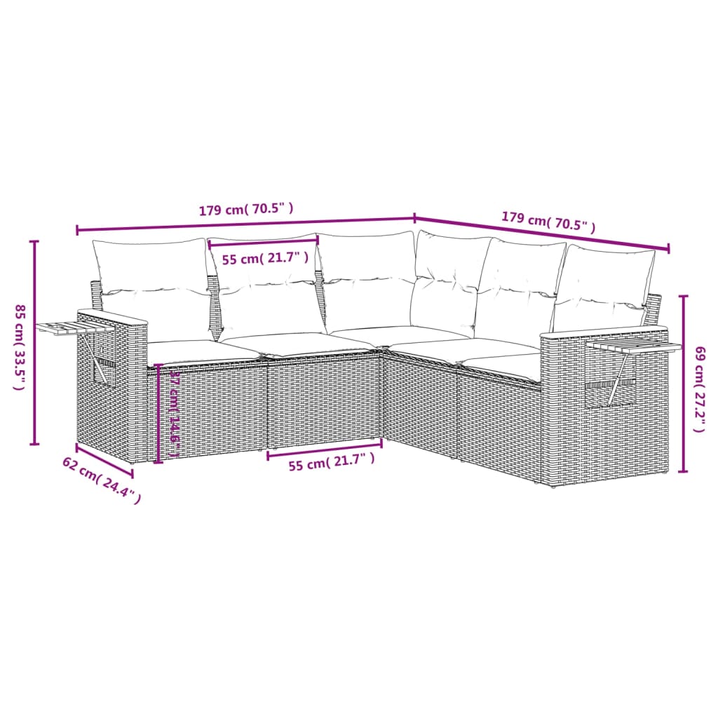 5 pcs conjunto sofás de jardim com almofadões vime PE preto - Image 2