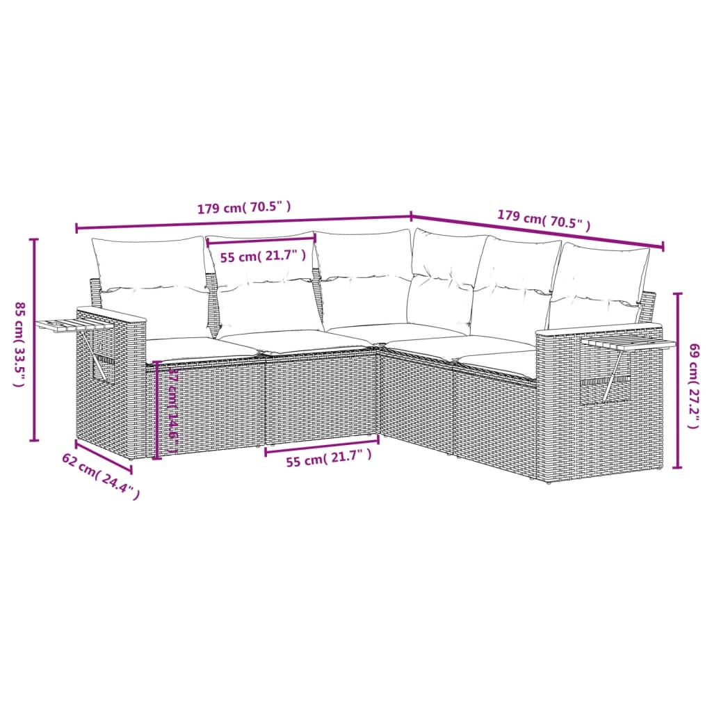 5 pcs conjunto sofás de jardim com almofadões vime PE preto - Image 2