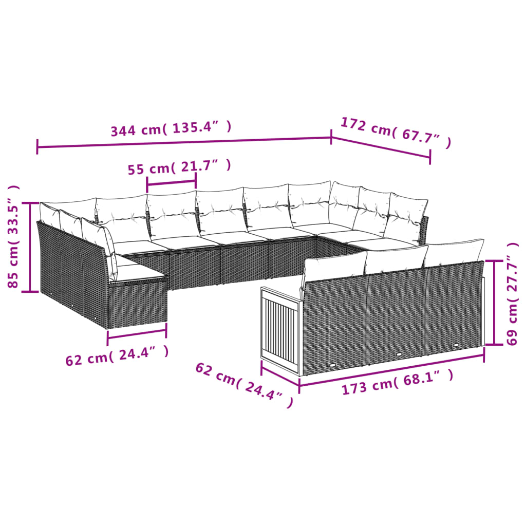 13 pcs conjunto de sofás de jardim com almofadões vime PE preto - Image 2