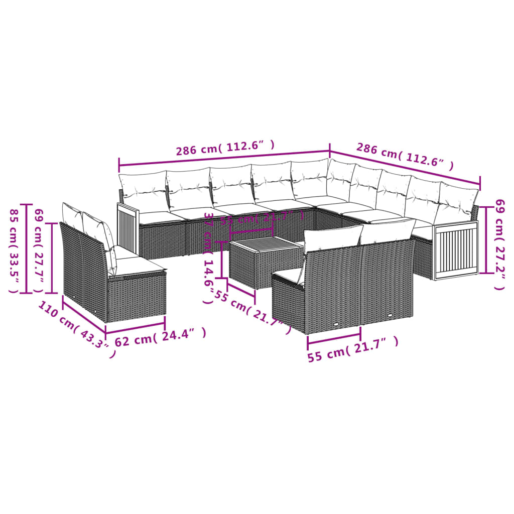 14 pcs conjunto sofás p/ jardim c/ almofadões vime PE cinzento - Image 2