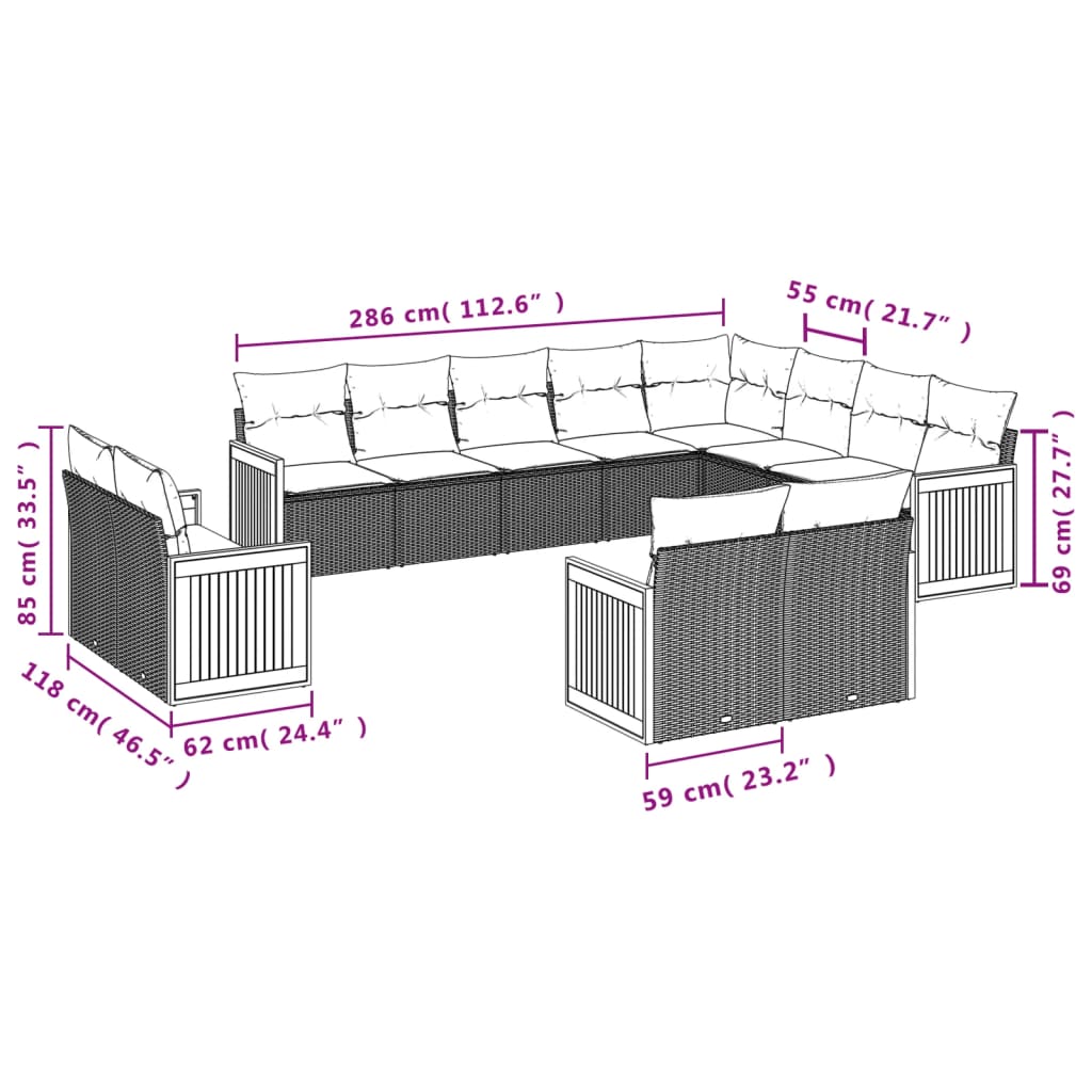 12 pcs conjunto de sofás jardim c/ almofadões vime PE cinzento - Image 2