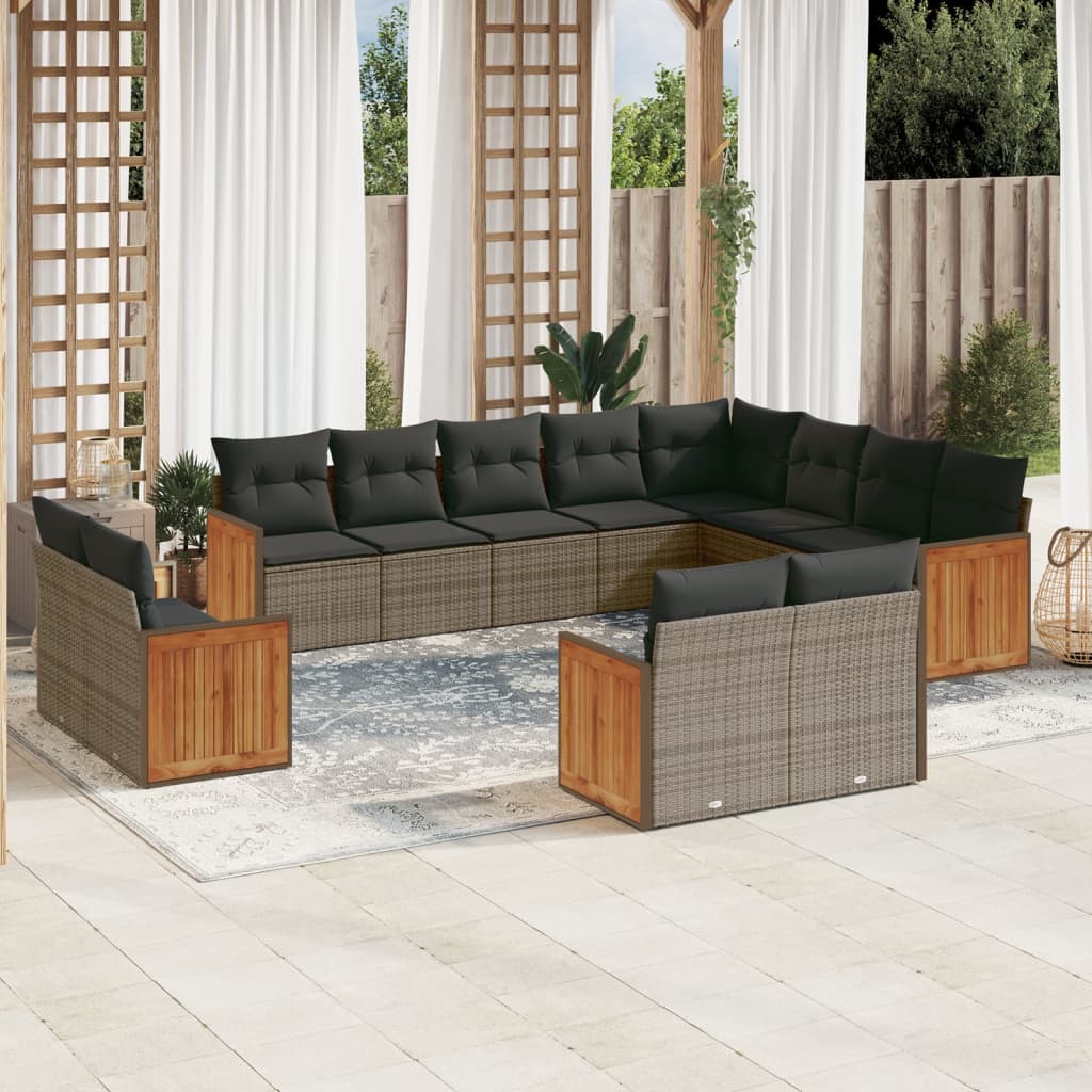 12 pcs conjunto de sofás jardim c/ almofadões vime PE cinzento