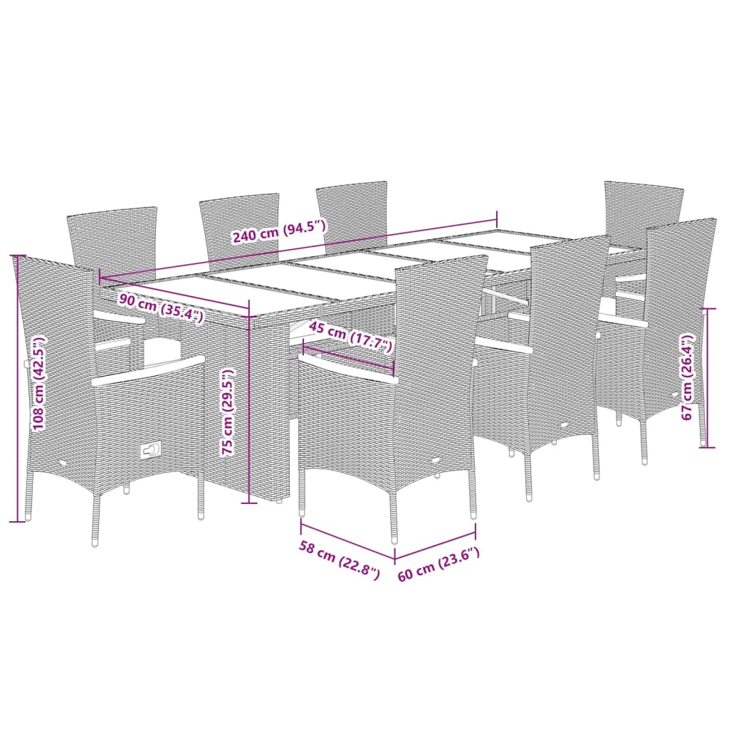 9 pcs conjunto de jantar p/ jardim c/ almofadões vime PE cinza - Image 6