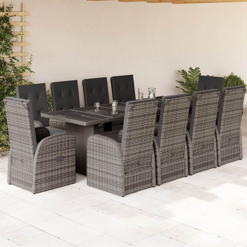 11 pcs conjunto jantar p/ jardim c/ almofadões vime PE cinzento