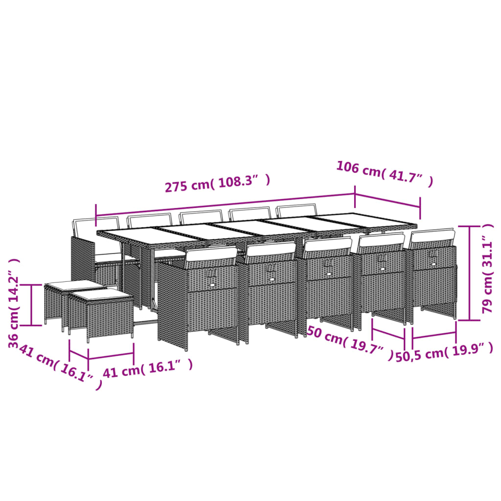 15 pcs conjunto de jantar p/ jardim com almofadões vime PE bege - Image 10