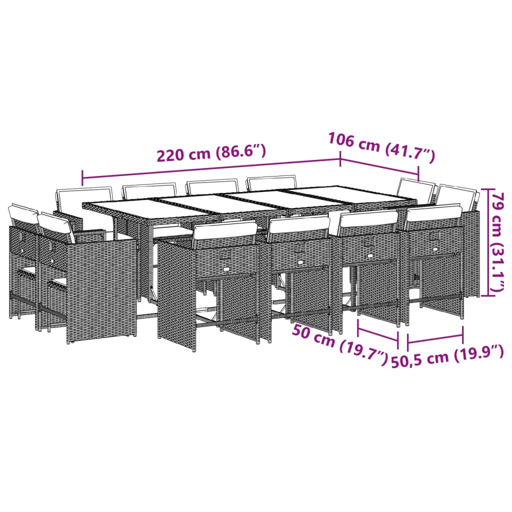 13 pcs conjunto jantar p/ jardim c/ almofadões vime PE cinzento - Image 7