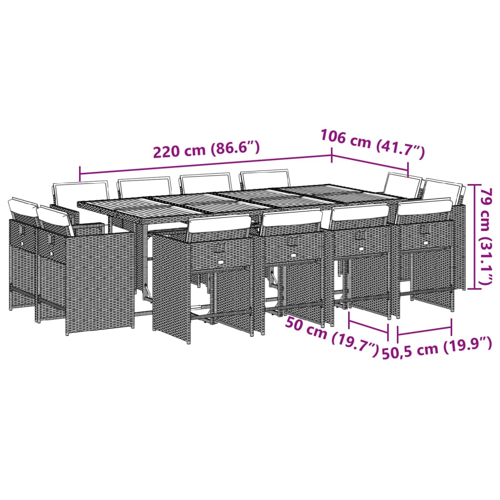 13 pcs conjunto jantar p/ jardim c/ almofadões vime PE cinzento - Image 7
