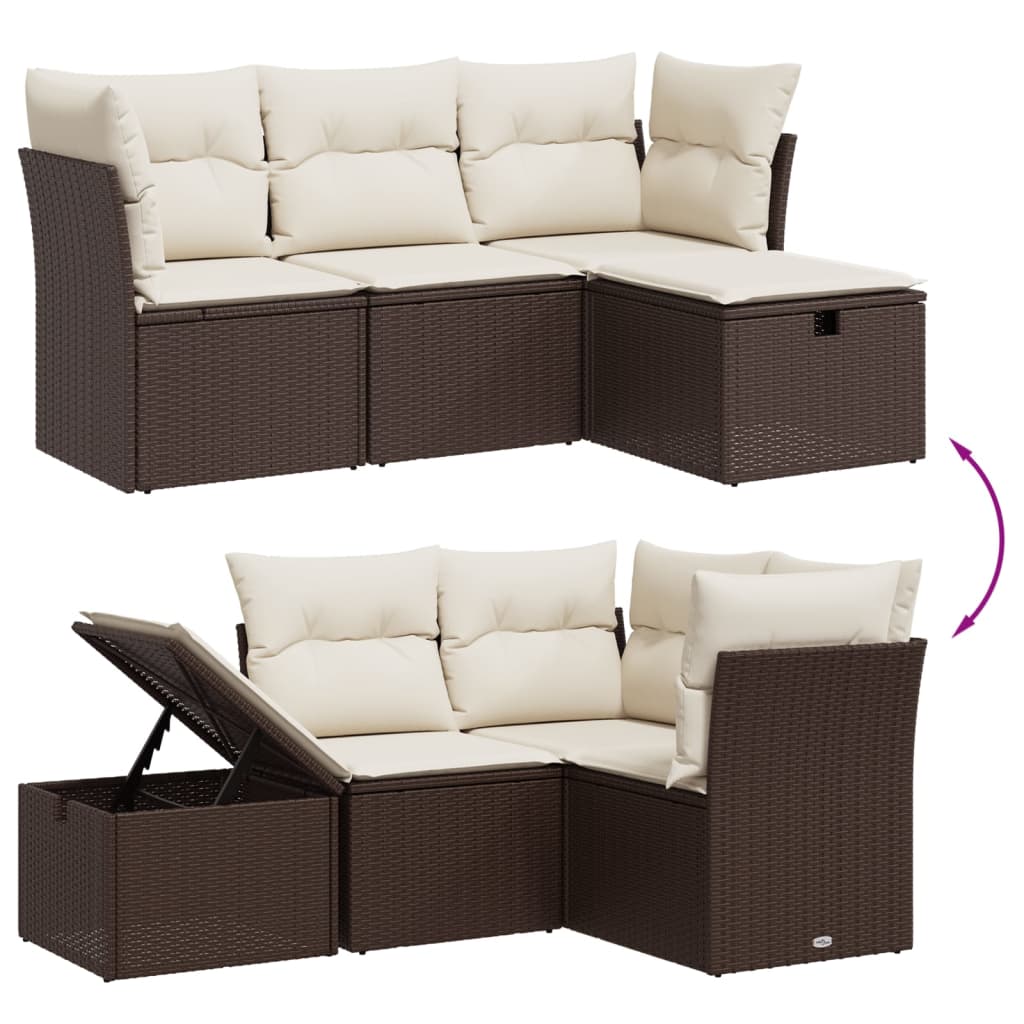 4 pcs conjunto sofás de jardim c/ almofadões vime PE castanho - Image 2