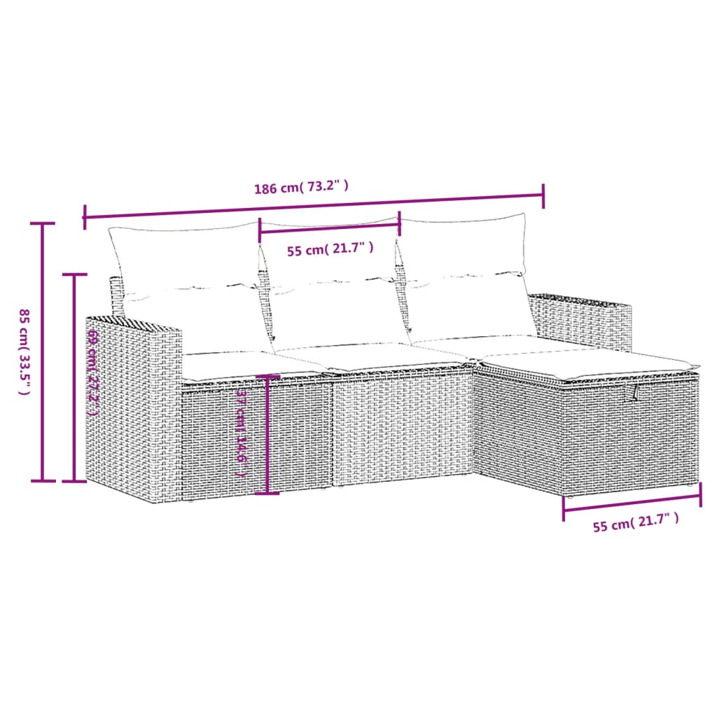 4 pcs conjunto sofás de jardim c/ almofadões vime PE castanho - Image 3