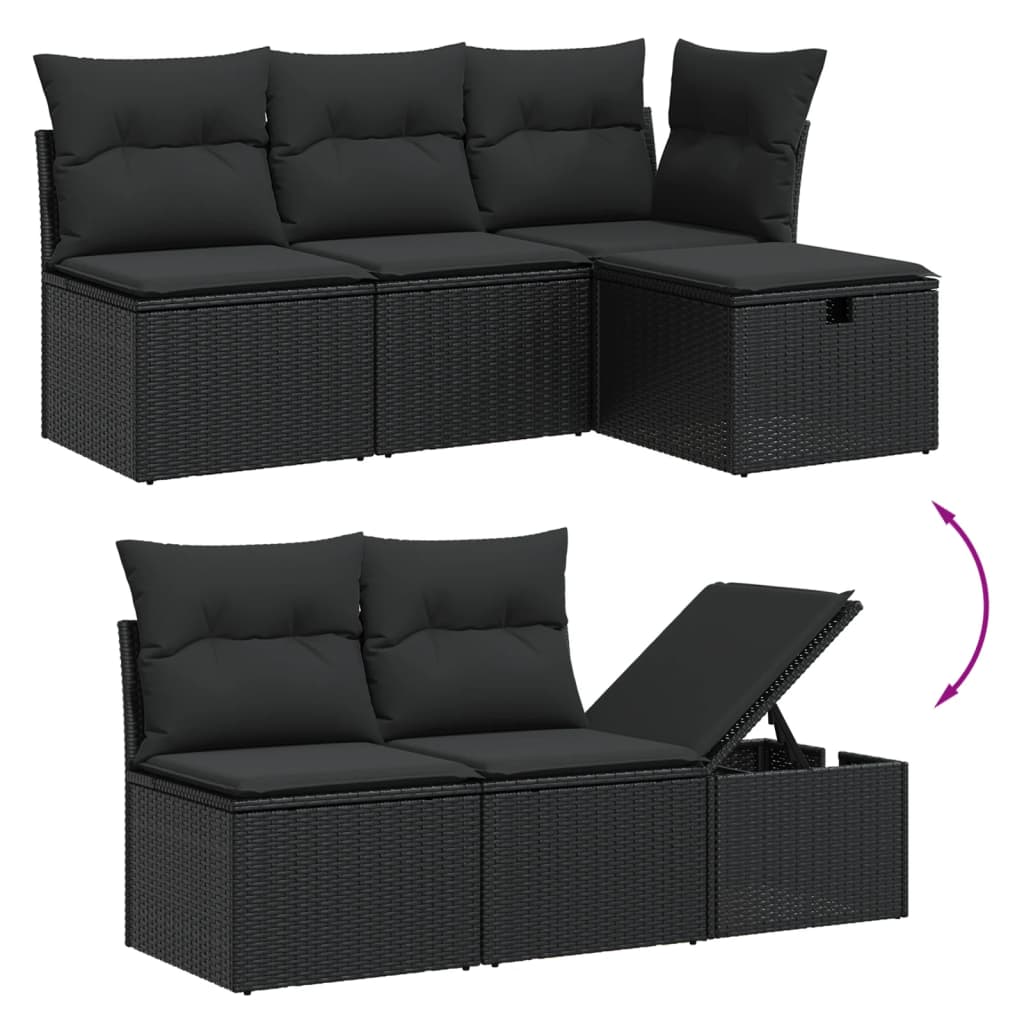 6 pcs conjunto sofás de jardim c/ almofadões vime PE preto - Image 2