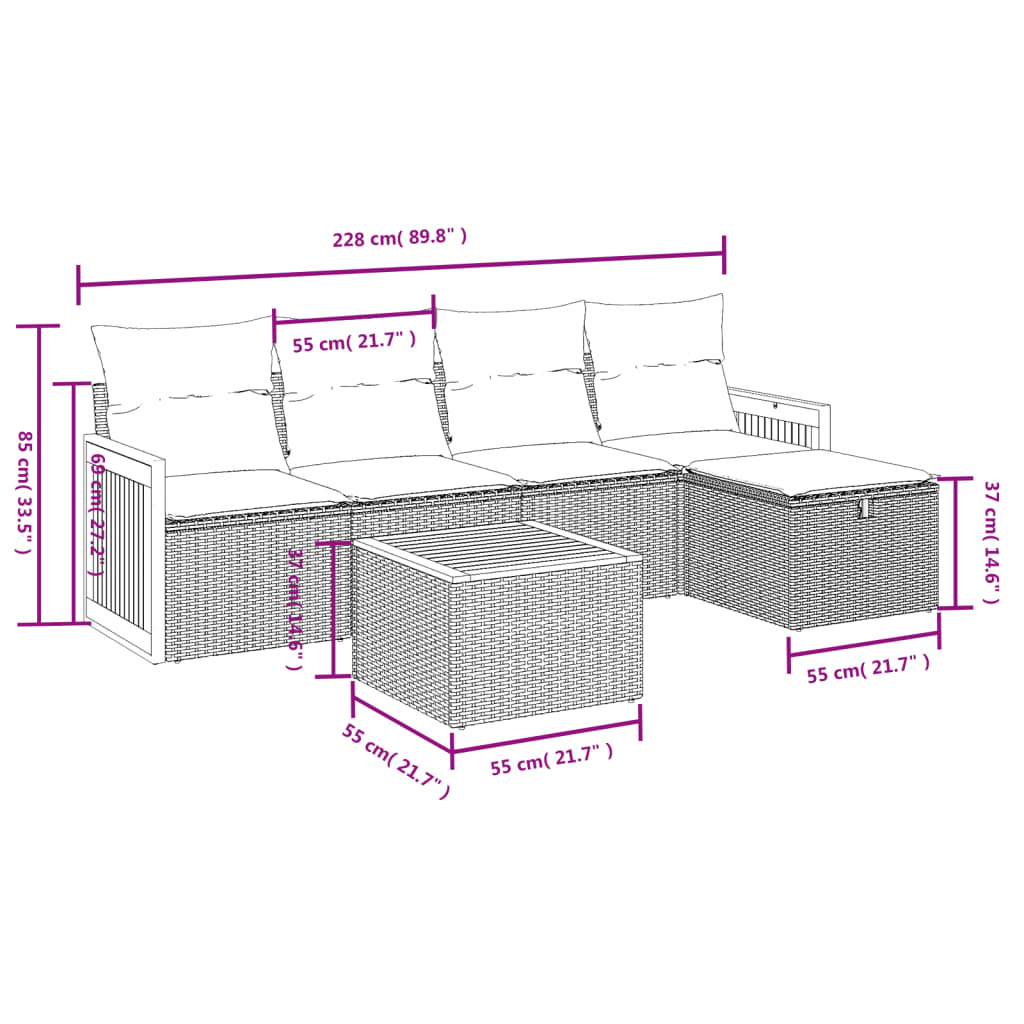 6 pcs conjunto sofás de jardim c/ almofadões vime PE preto - Image 3