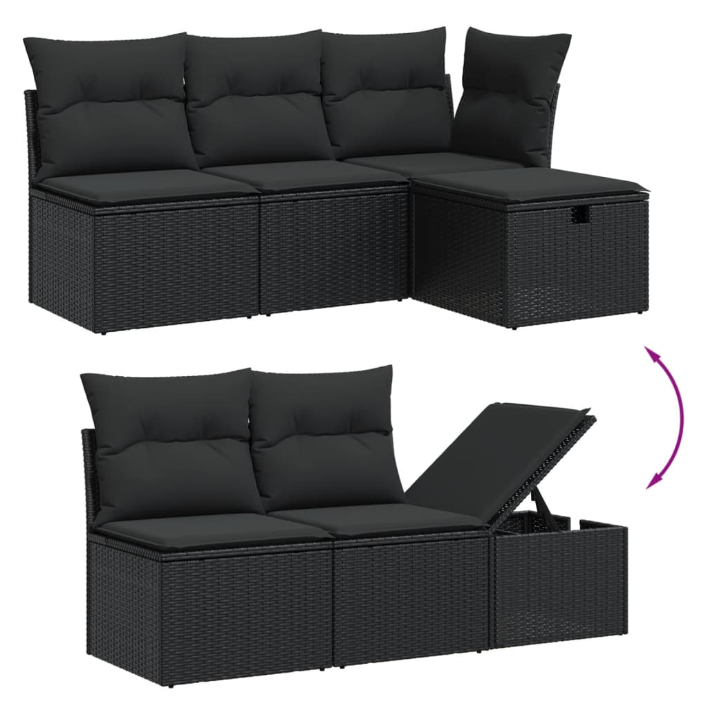 6 pcs conjunto sofás de jardim c/ almofadões vime PE preto - Image 5