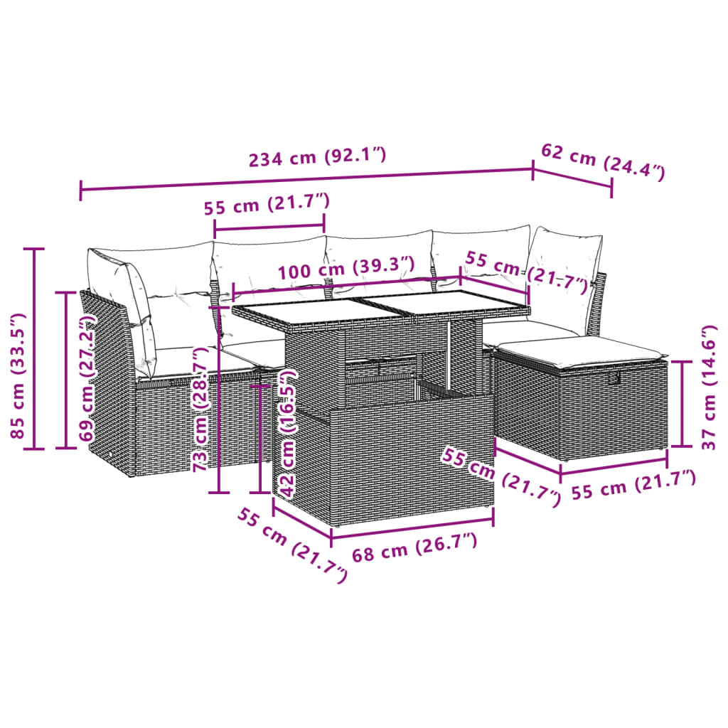 6 pcs conjunto sofás de jardim c/ almofadões vime PE preto - Image 10