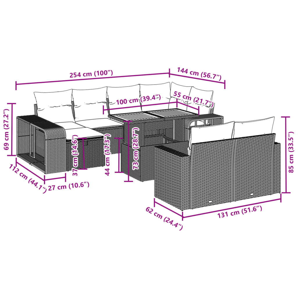 11 pcs conjunto sofás de jardim c/ almofadões vime PE bege - Image 2