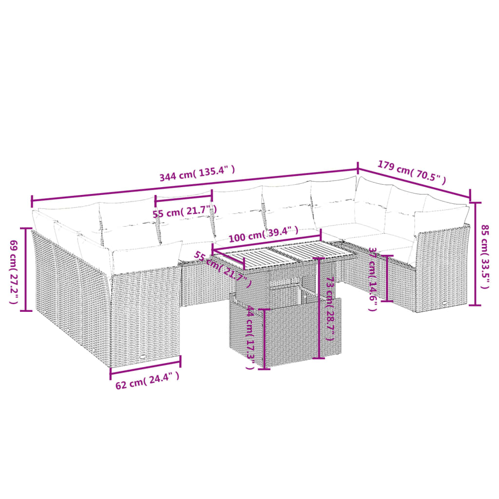 11 pcs conjunto sofás de jardim c/ almofadões vime PE bege - Image 2