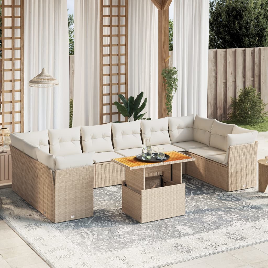 11 pcs conjunto sofás de jardim c/ almofadões vime PE bege
