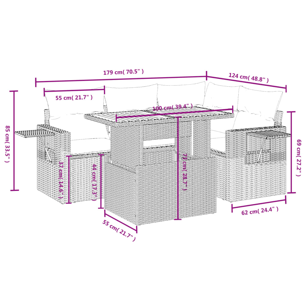 5 pcs conjunto sofás de jardim com almofadões vime PE preto - Image 2