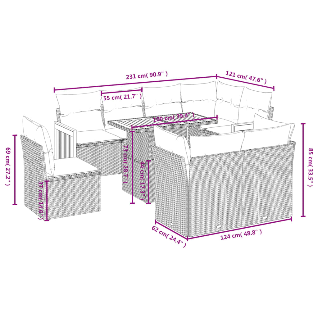 9 pcs conjunto de sofás p/ jardim com almofadões vime PE bege - Image 2