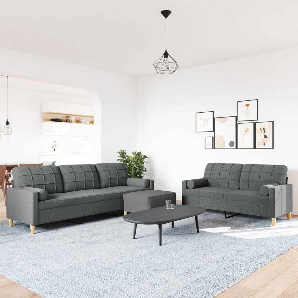 3pcs conjunto sofás c/ almofadões/apoio pés tecido cinza-escuro - Image 2
