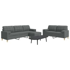 3pcs conjunto sofás c/ almofadões/apoio pés tecido cinza-escuro