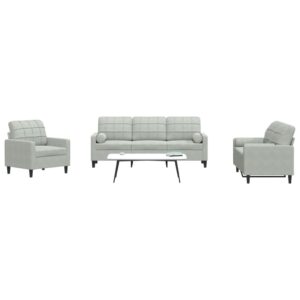 3 pcs conjunto sofás com almofadões e rolos veludo cinza-claro