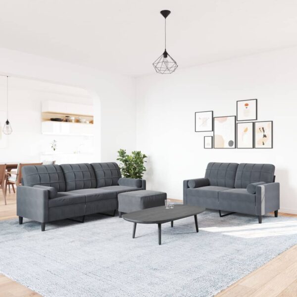 3 pcs conjunto de sofás com almofadões veludo cinzento-escuro - Image 2