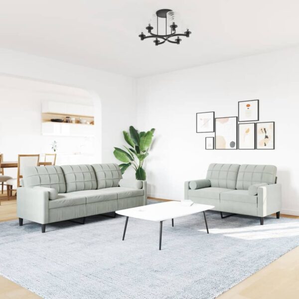 2 pcs conjunto sofás com almofadões e rolos veludo cinza-claro - Image 2