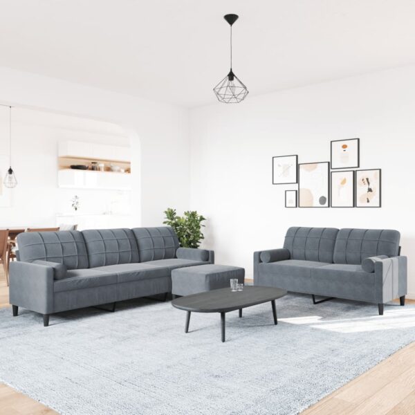 3 pcs conjunto sofás com almofadões e rolos veludo cinza-escuro - Image 2
