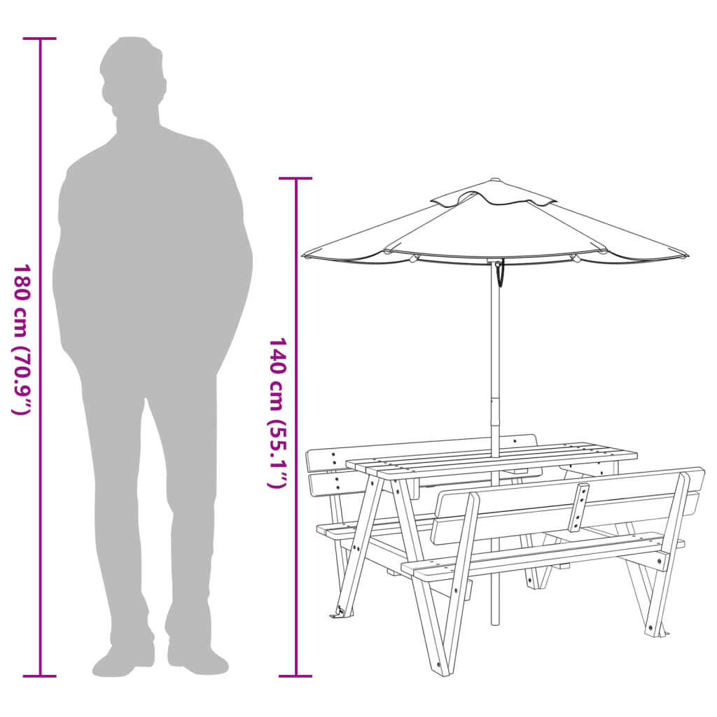 Mesa de piquenique para 4 crianças com guarda-sol abeto maciço - Image 11