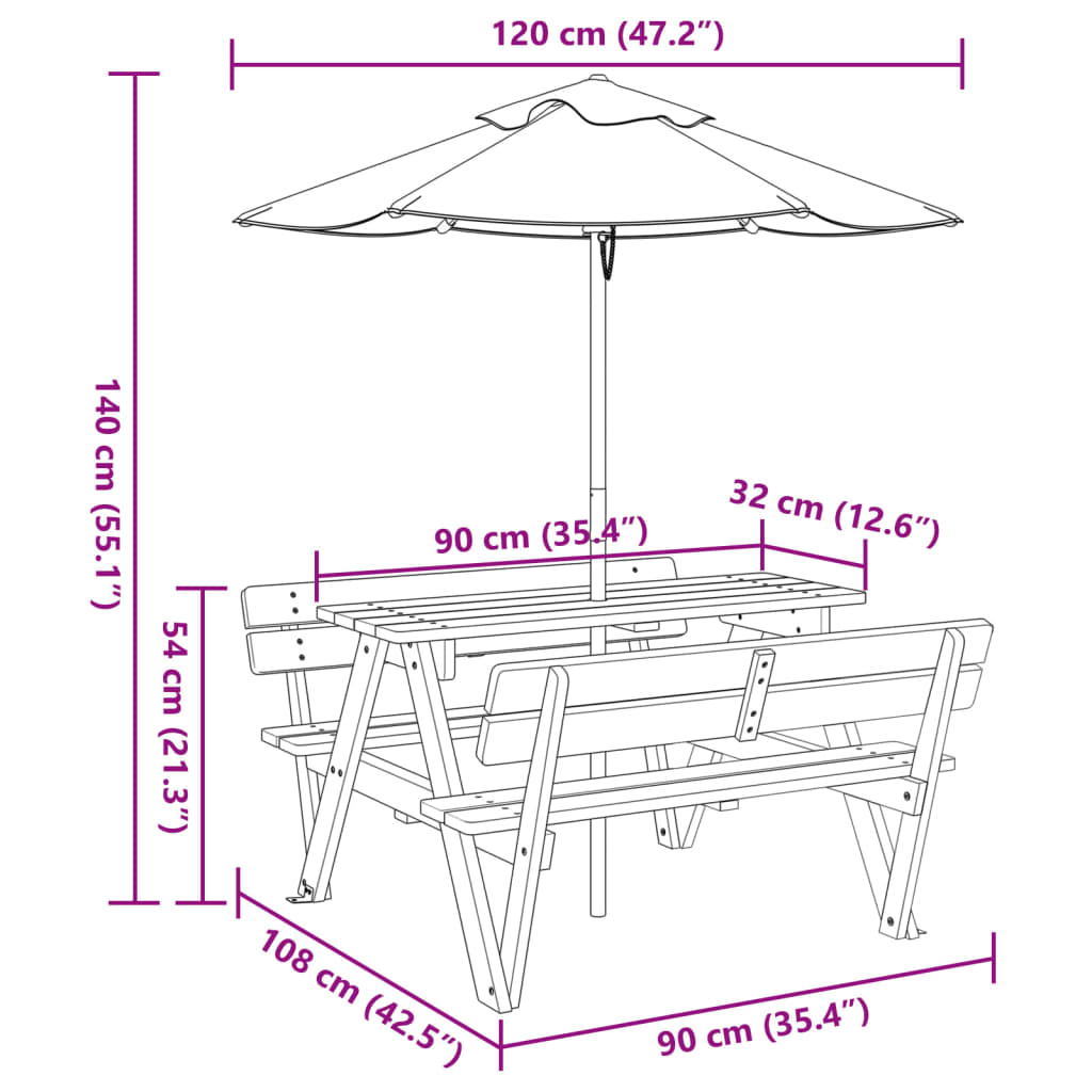 Mesa de piquenique para 4 crianças com guarda-sol abeto maciço - Image 10
