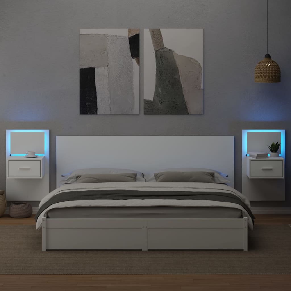 Mesas de cabeceira de parede com luzes LED 2 pcs branco - Image 3