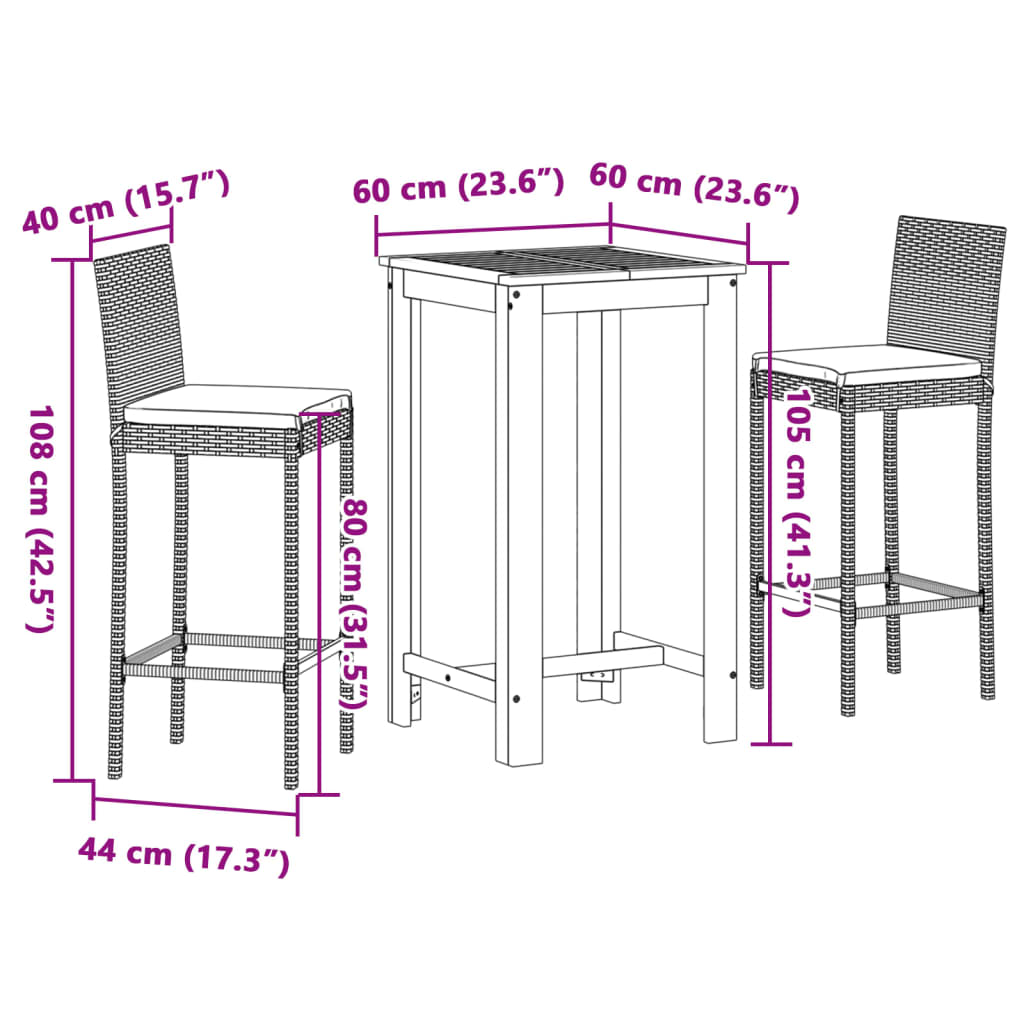 3 pcs conjunto de bar p/ jardim acácia maciça/vime PE cinzento - Image 10