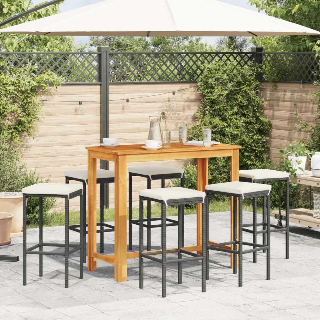 7 pcs conjunto de bar para jardim vime PE/acácia maciça preto - Image 2
