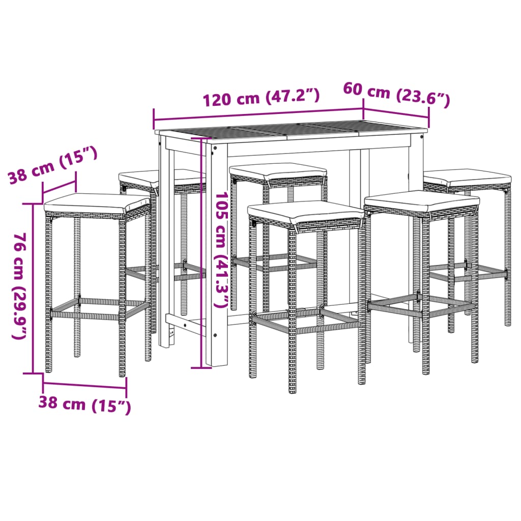 7 pcs conjunto de bar para jardim vime PE/acácia maciça preto - Image 10