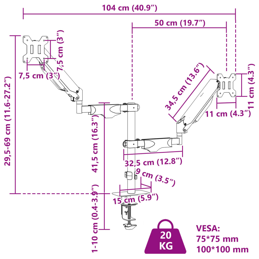 Braço para monitor duplo ecrã de 27" máx. VESA 75/100 mm 20 kg - Image 11