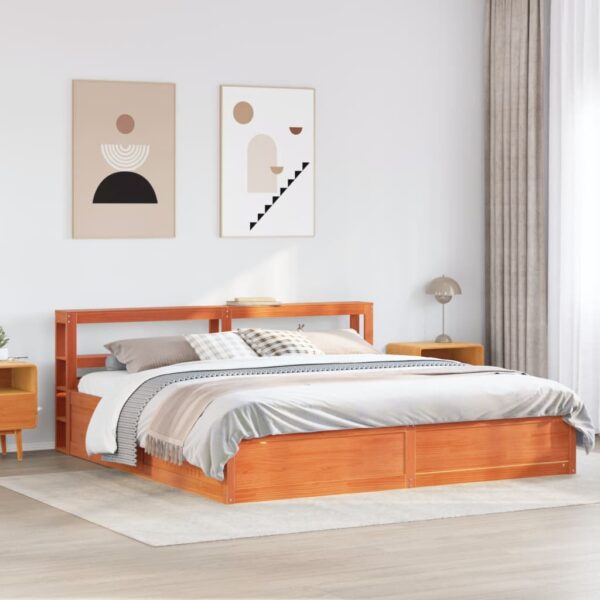 Estrutura cama c/ cabeceira 200x200cm pinho maciço castanho-mel - Image 2
