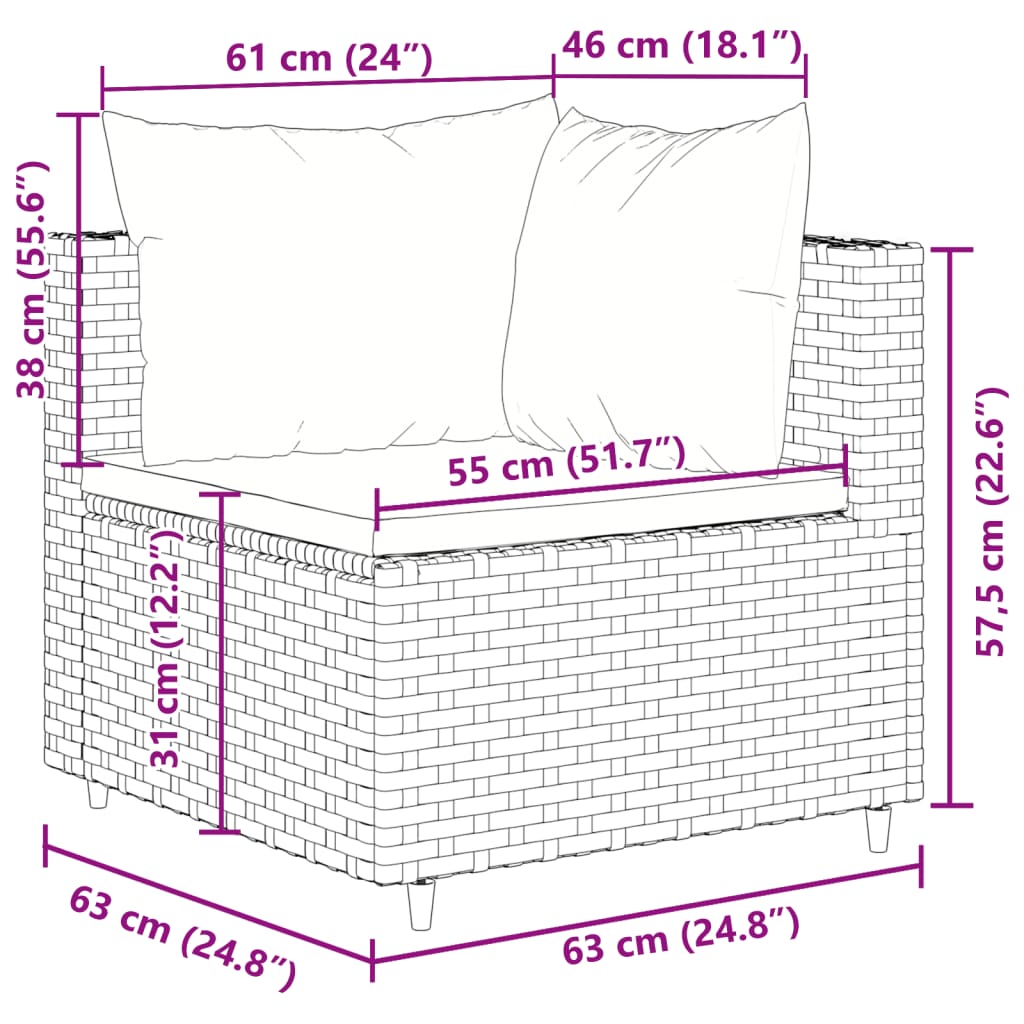 5 pcs conjunto lounge jardim c/ almofadões vime PE castanho - Image 10