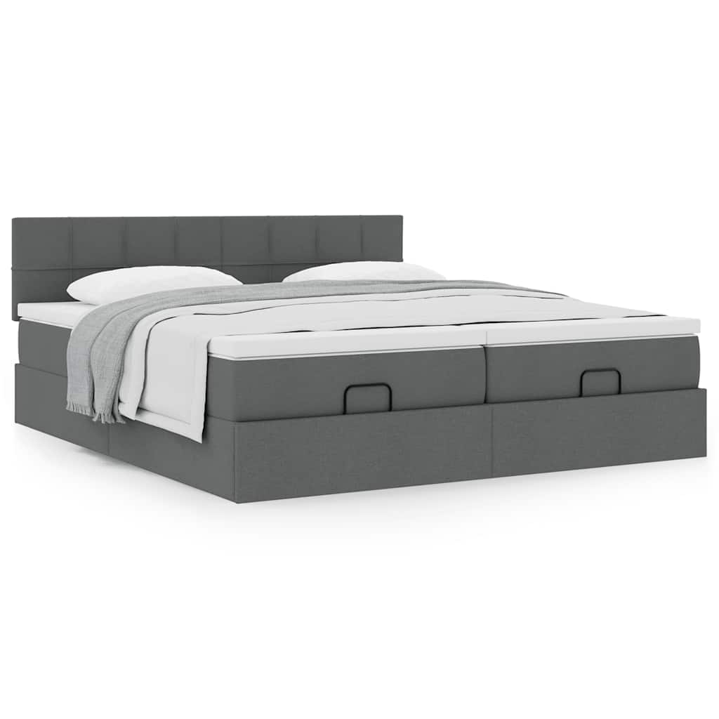 Estrutura de cama otomana com colchões tecido cinzento escuro