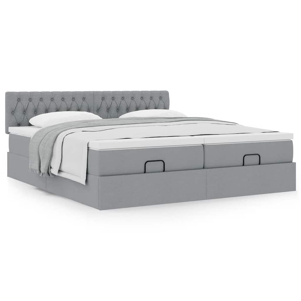 Estrutura de cama otomana com colchões tecido cinzento claro