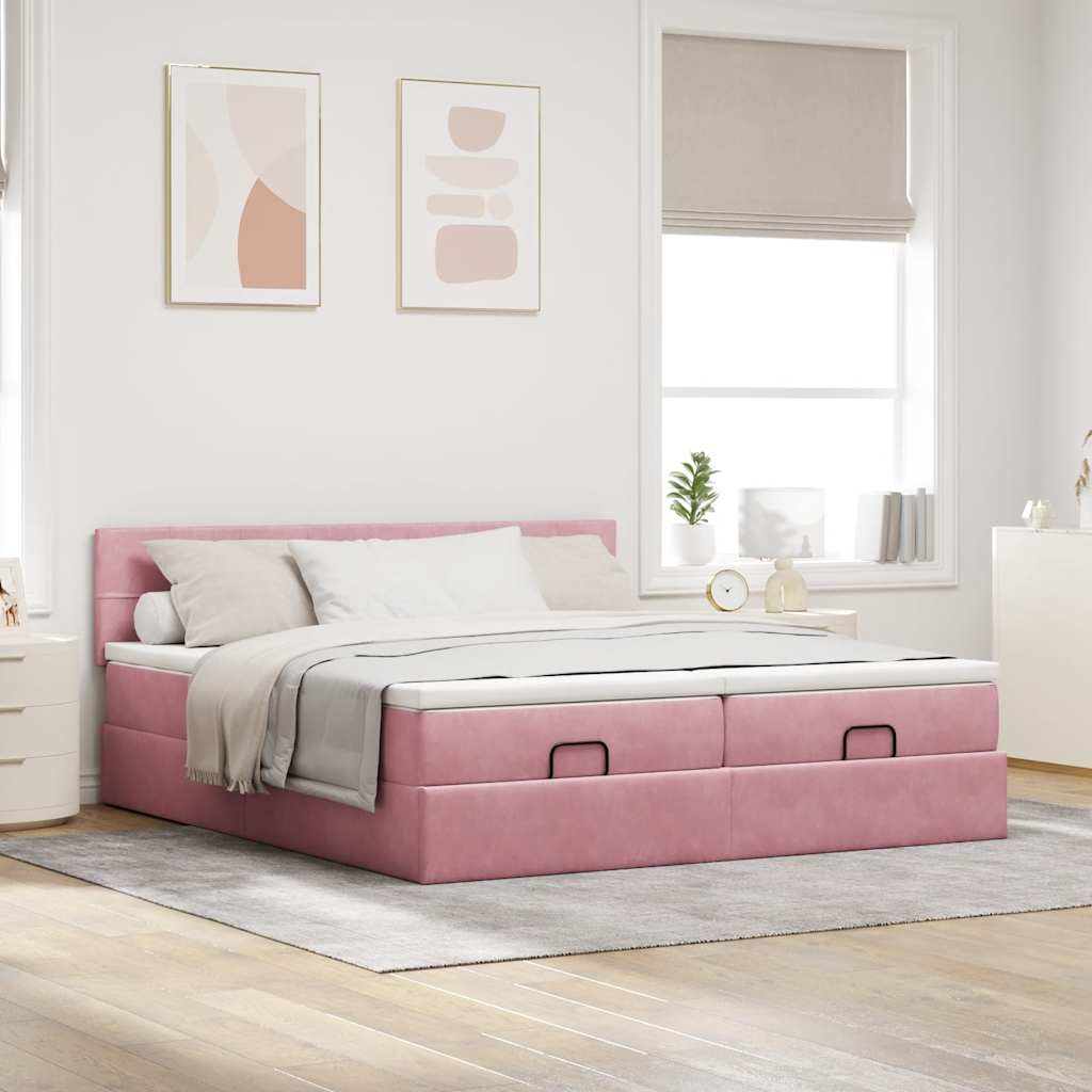 moldura de cama otomana vidaXL com colchão rosa 200x200cm Veludo - Image 2