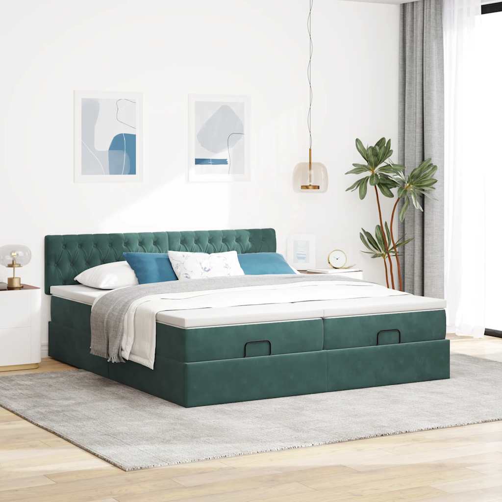Estrutura de cama otomana com colchão verde escuro veludo - Image 3